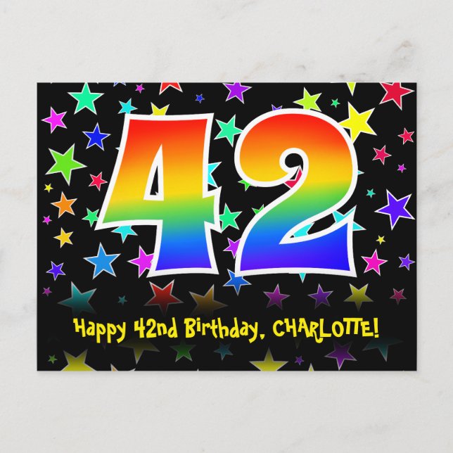Carte Postale 42e anniversaire : Fun Stars Motif, Rainbow 42, No (Devant)
