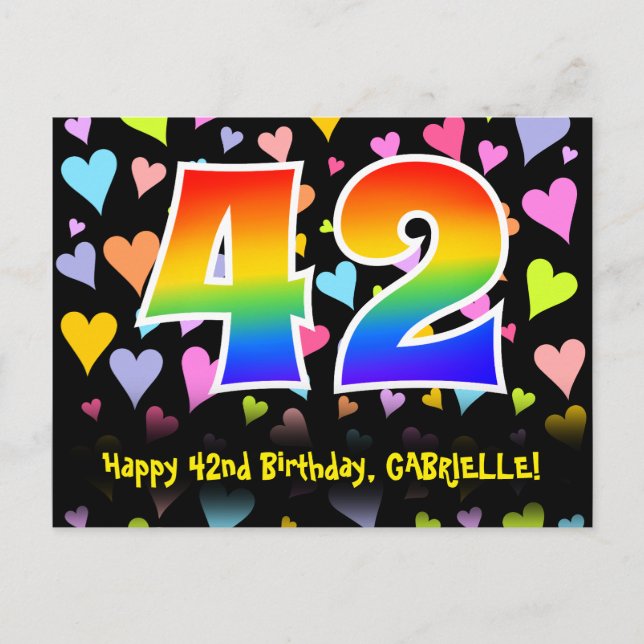 Carte Postale 42e Anniversaire : Motif coeurs amusants, Arc-en-c (Devant)