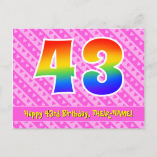 Carte Postale 43e anniversaire : rayures roses et cœurs, arc-en-