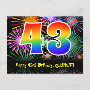 Carte Postale 43ème anniversaire - Fun Motif Fireworks + Arc-en-