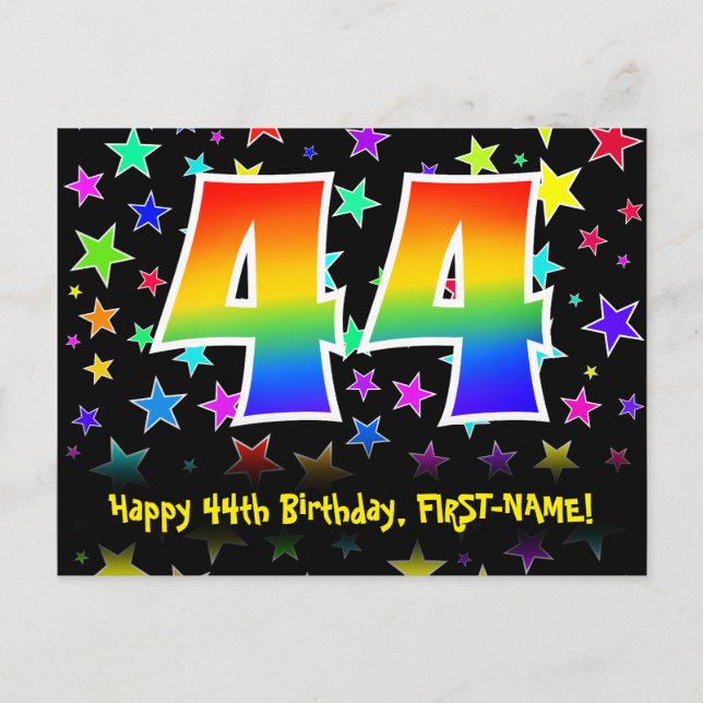 Carte Postale 44e Anniversaire : motif d'étoiles amusantes, arc- (Devant)