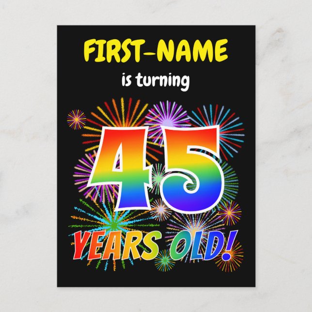 Carte Postale 45e anniversaire - Fun Fireworks, Rainbow Look "45 (Devant)