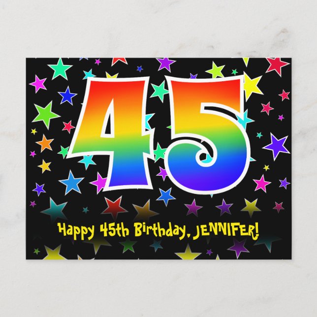 Carte Postale 45e Anniversaire : motif d'étoiles amusantes, arc- (Devant)