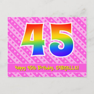 Carte Postale 45e anniversaire : rayures roses et cœurs, arc-en-