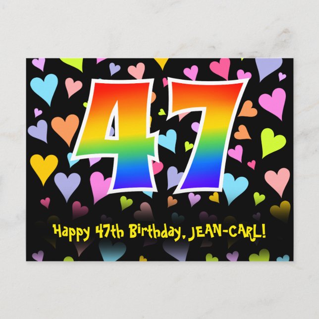 Carte Postale 47e anniversaire : motif de cœurs amusants, arc-en (Devant)