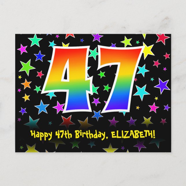 Carte Postale 47e Anniversaire : motif d'étoiles amusantes, arc- (Devant)