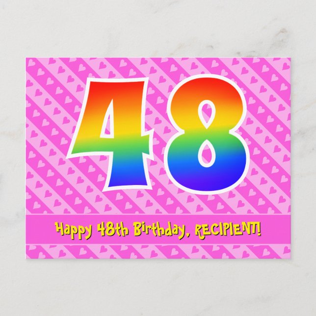 Carte Postale 48e Anniversaire : Rayures roses & Cœurs, Arc-en-c (Devant)