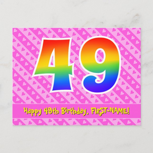 Carte Postale 49e Anniversaire: Rayures roses & Cœurs, Arc-en-ci (Devant)