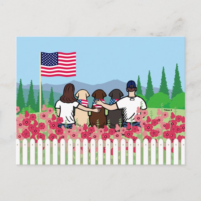 Carte Postale 4 juillet Trois Labradors et Parents Brown (Devant)