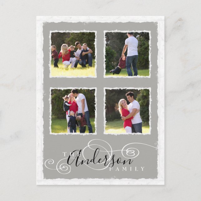 Carte Postale 4 Photo Collage Ajouter Nom de famille Gris (Devant)