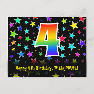 Carte Postale 4e anniversaire : Fun Stars Motif, Rainbow 4, Nom