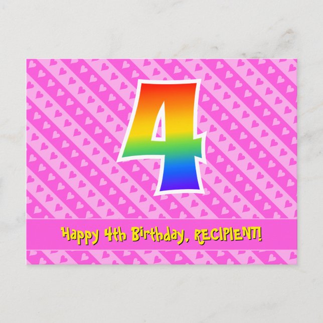 Carte Postale 4e anniversaire : Rayures roses et cœurs, arc-en-c (Devant)