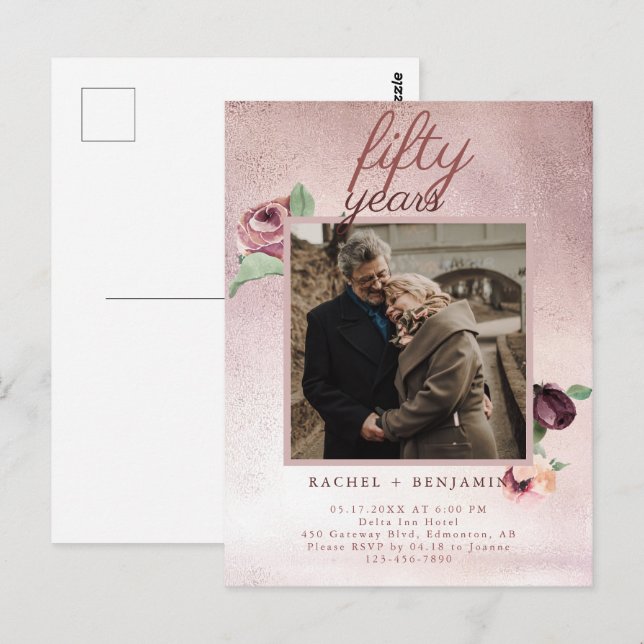 Carte Postale 50 ans Mariage Anniversaire Rose Gold Parties scin (Devant / Derrière)