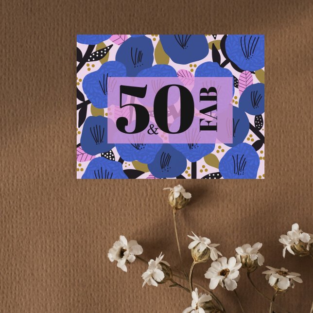 Carte Postale 50 et fabuleux 50e anniversaire Blue Gold Floral (Créateur téléchargé)