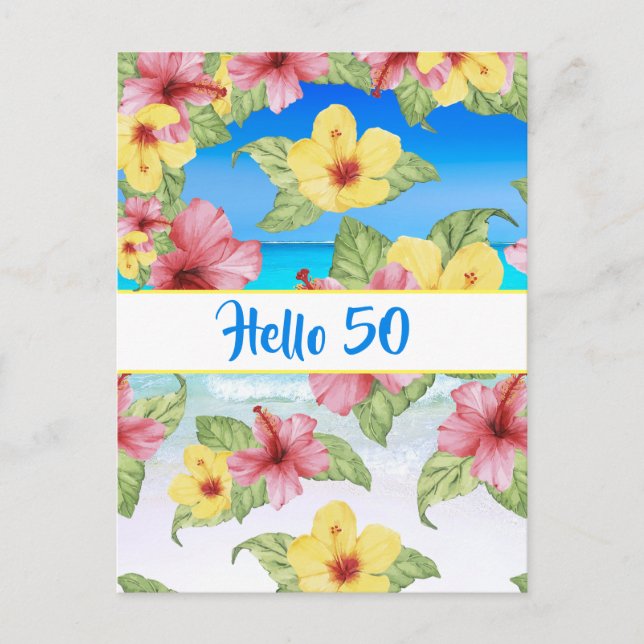 Carte Postale 50e anniversaire Fleur tropicale Bonjour 50 Invita (Devant)