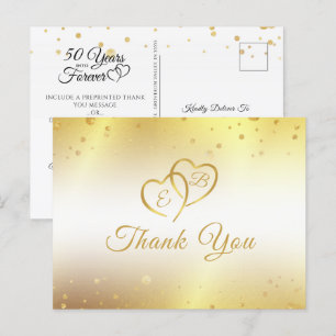 Carte Postale 50e Anniversaire Monogramme Coeurs d'or Merci