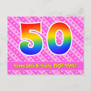 Carte Postale 50e anniversaire : Pink Stripes & Hearts, Rainbow 
