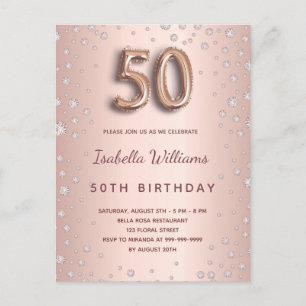 Carte Postale 50e anniversaire rose or diamants glam