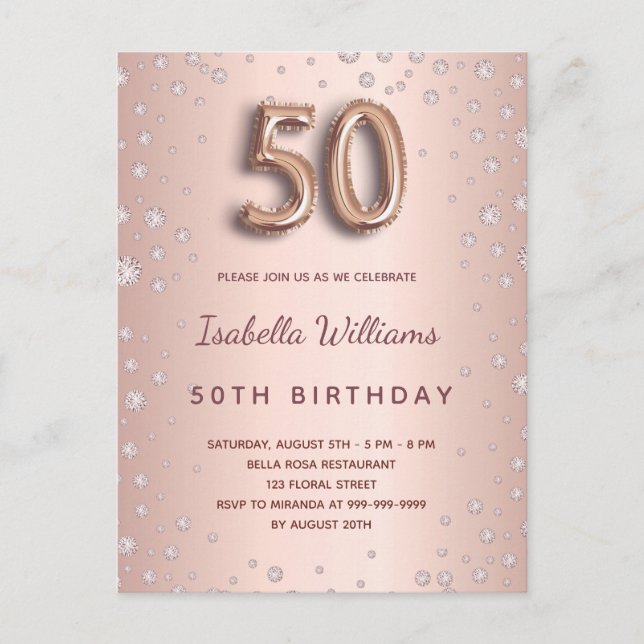 Carte Postale 50e anniversaire rose or diamants glam (Devant)