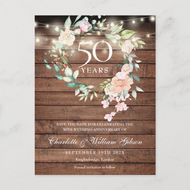 Carte Postale 50e anniversaire Rustic Floral Enregistrer la date (Devant)