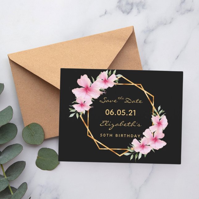 Carte Postale 50e anniversaire Save the Date tropical noir or (Créateur téléchargé)