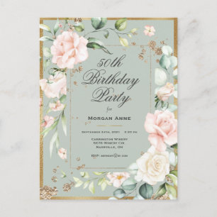 Carte Postale 50e Anniversaire Vert Sauge Or Aquarelle Floral  I