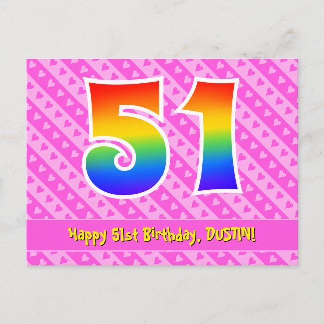 Carte Postale 51e Anniversaire : Rayures roses & Cœurs, Arc-en-c (Devant)