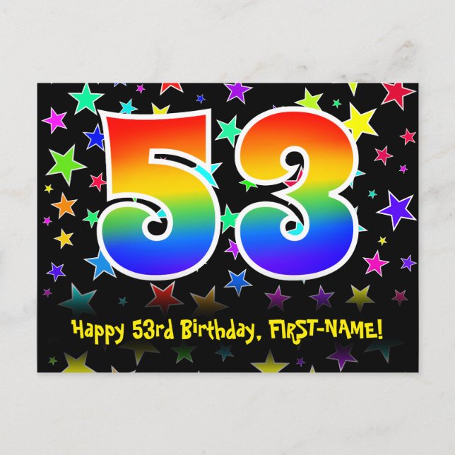Carte Postale 53e Anniversaire : motif d'étoiles amusantes, arc- (Devant)