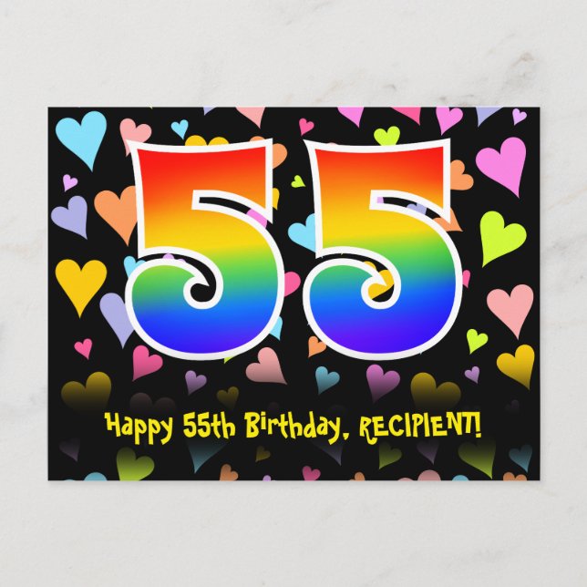 Carte Postale 55e anniversaire : motif coeurs amusants, arc-en-c (Devant)