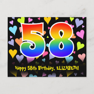 Carte Postale 58e anniversaire : motif de cœurs amusants, arc-en