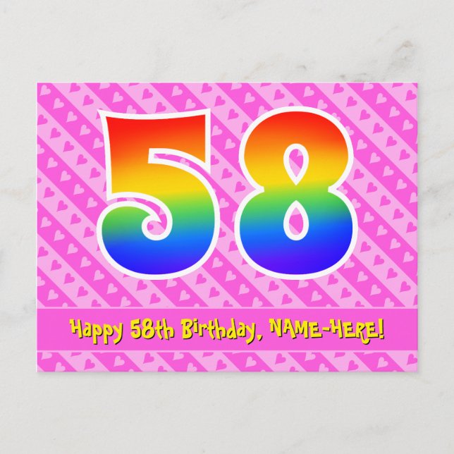 Carte Postale 58e Anniversaire : Rayures roses & Cœurs, Arc-en-c (Devant)