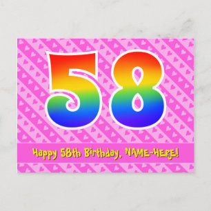 Carte Postale 58e Anniversaire : Rayures roses et cœurs, Arc-en-