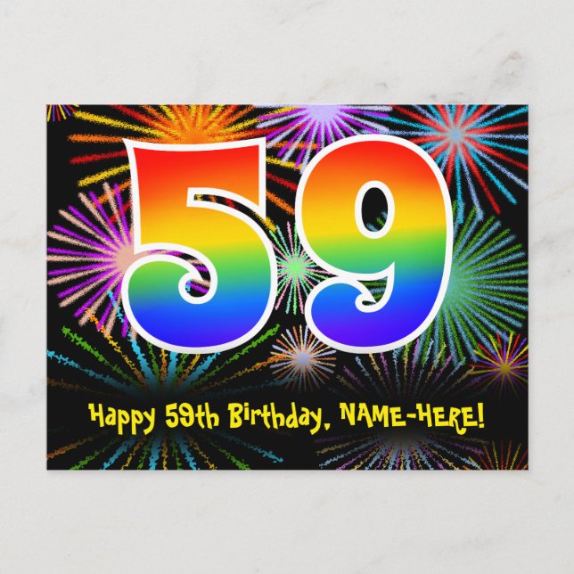 Carte Postale 59e anniversaire - Fun Fireworks Motif + Rainbow 5 (Devant)