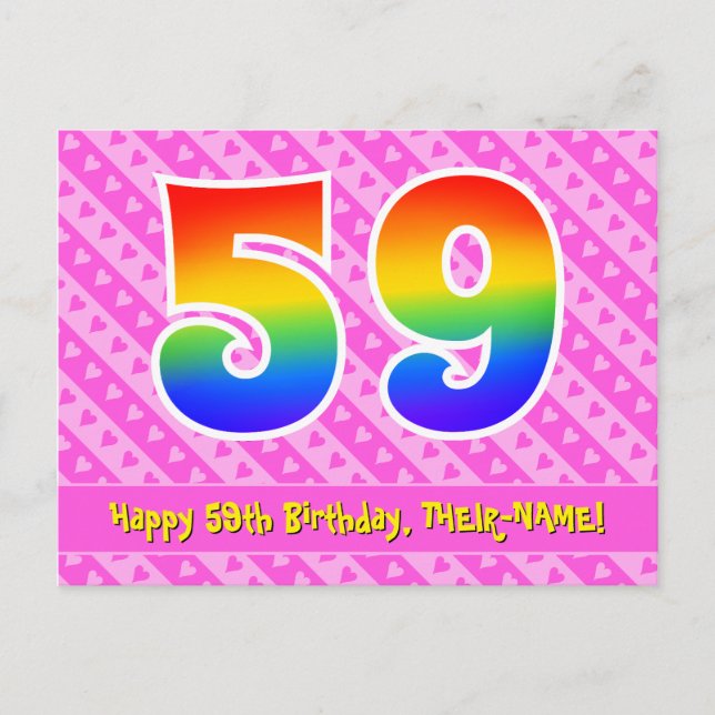 Carte Postale 59e anniversaire : Pink Stripes & Hearts, Rainbow  (Devant)