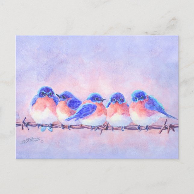 Carte Postale 5 BLUEBIRS sur fil par SHARON SHARPE (Devant)