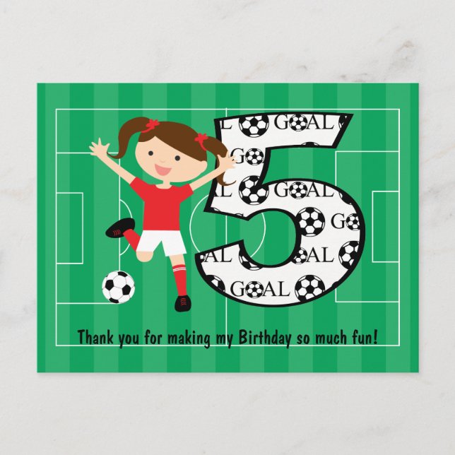 Carte Postale 5e anniversaire Fille de football rouge et blanc 1 (Devant)