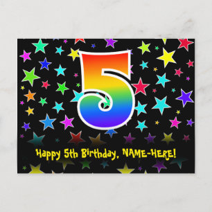 Carte Postale 5e anniversaire : Fun Stars Motif, Rainbow 5, Nom