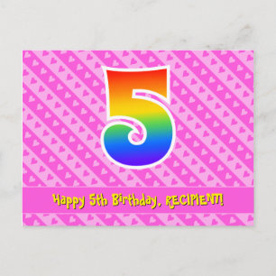 Carte Postale 5e anniversaire : Rayures roses et cœurs, Arc-en-c