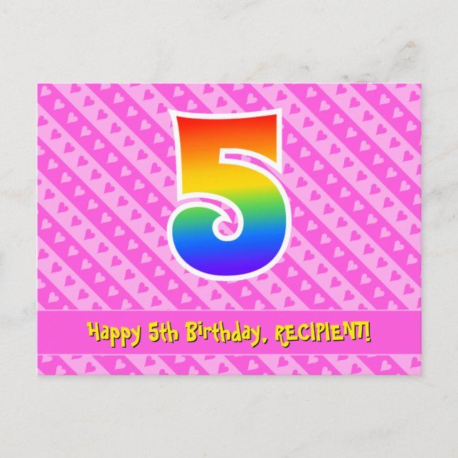 Carte Postale 5e anniversaire: rayures roses et cœurs, arc-en-ci (Devant)
