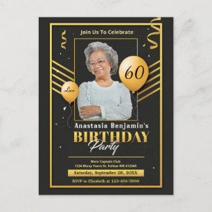 Carte Postale 60e anniversaire de la fête Photo Black Gold Invit