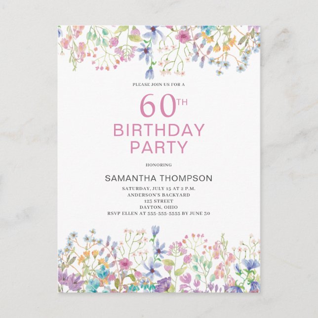 Carte Postale 60e anniversaire Pink Floral Fleur sauvage Invitat (Devant)