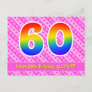 Carte Postale 60e Anniversaire : Rayures roses & coeurs, Arc-en-
