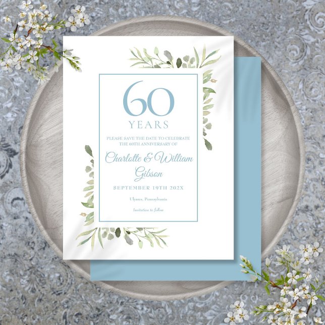 Carte Postale 60e anniversaire Sauvez la date verte (60th Anniversary Save the Date Greenery Postcard)