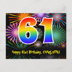 Carte Postale 61e anniversaire - Fun Motif Fireworks + Arc-en-ci