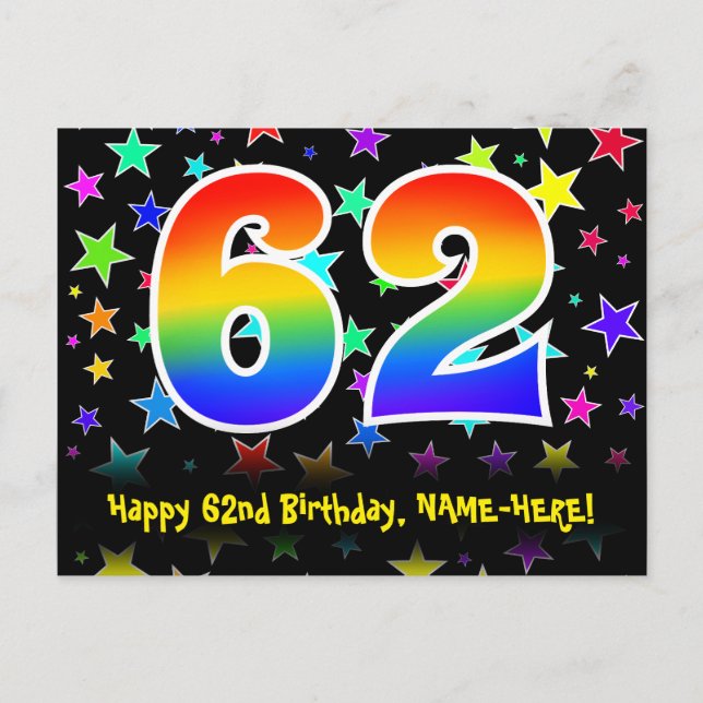 Carte Postale 62e anniversaire : Fun Stars Motif, Rainbow 62, No (Devant)
