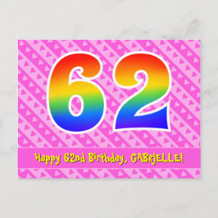 Carte Postale 62e Anniversaire : Rayures roses & Cœurs, Arc-en-c