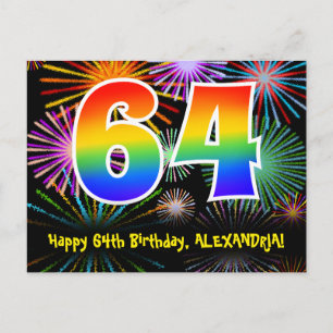 Carte Postale 64e anniversaire - Fun Motif Fireworks + Arc-en-ci