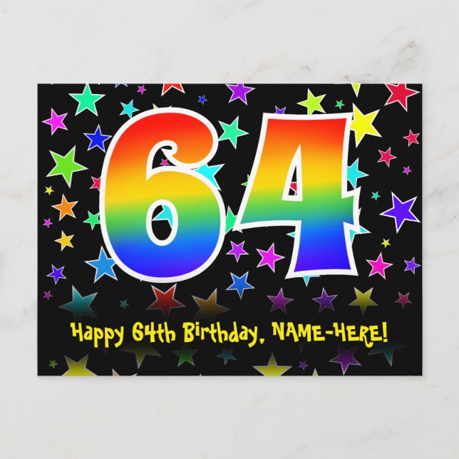 Carte Postale 64e Anniversaire : motif d'étoiles amusantes, arc- (Devant)