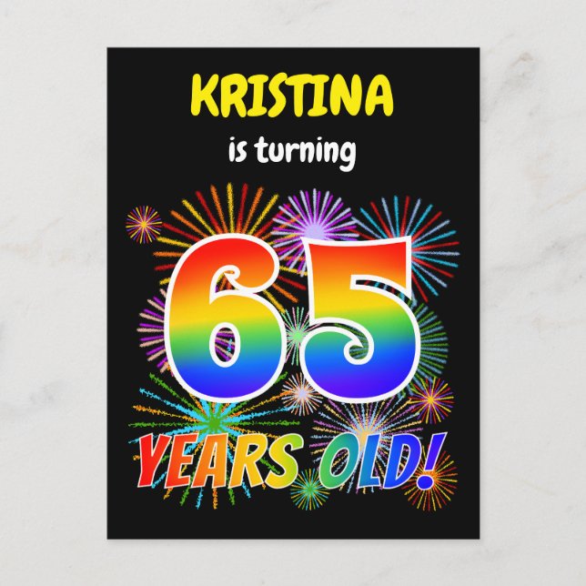 Carte Postale 65e anniversaire - Fun Fireworks, Rainbow Look "65 (Devant)