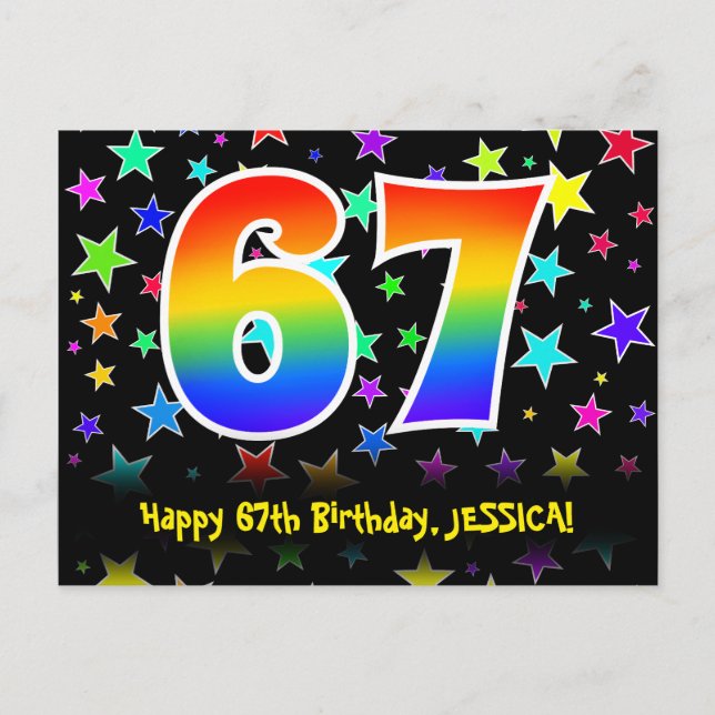 Carte Postale 67e Anniversaire : motif d'étoiles amusantes, arc- (Devant)